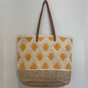 Lulu Dharma Woven Straw and Crochet Boho Large Tote Market Bag Mustard